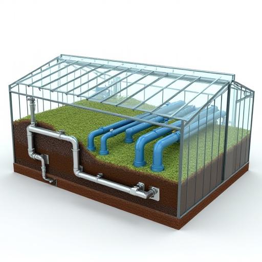 Diagram showing a geothermal heat exchange system for a greenhouse.