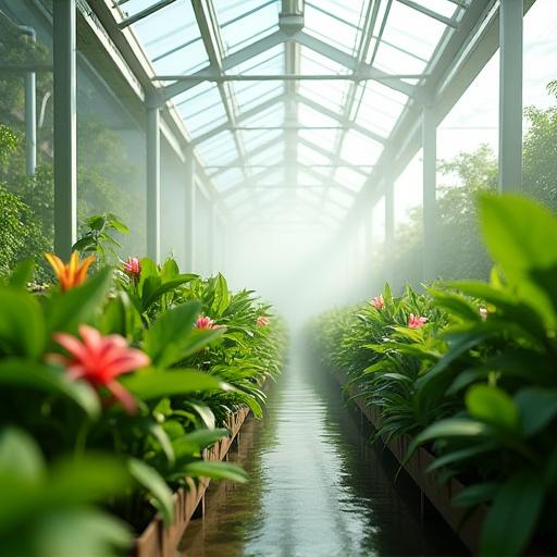 An interior view of a modern greenhouse with misting system and thriving plants.